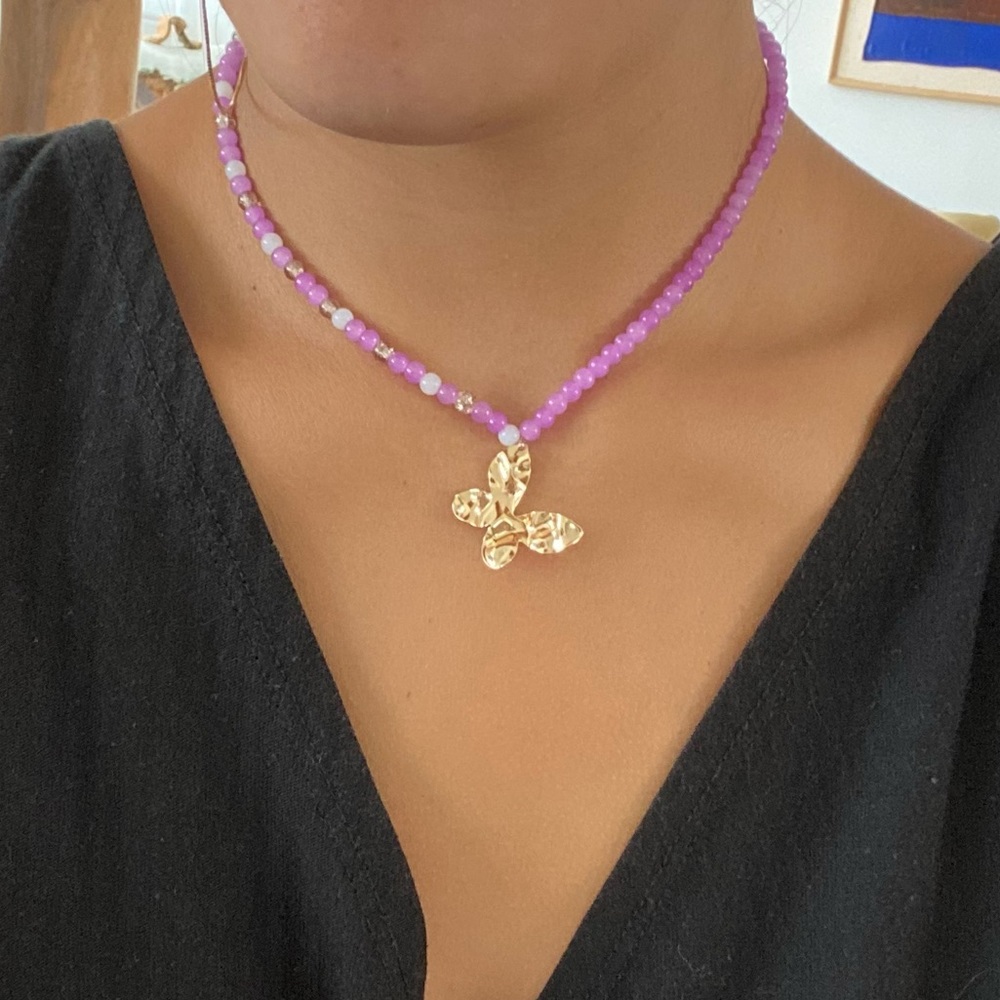 Purple Beaded Charm Necklace with Butterfly Charm
